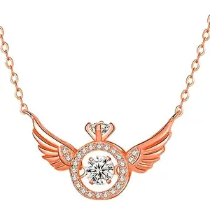 De-Autocare Rose-Gold Valentine's Day Special Stainless Steel Romantic AD Diamond Nug Studded Beating Heart Angel Wings Pendant Locket Necklace With Clavicle Chain For Women's And Girl's