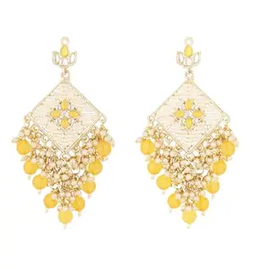 I Jewels Gold Plated Traditional Kundan Pearls Dangle Earrings For Women/Girls (E2943) (Yellow)
