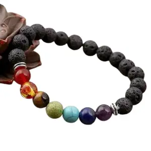kedarstore 7 Chakras Crystal Beads Bracelet With Natural Lava Stone For Money Magnet, Health, Protection, Vastu, and Chakra Healing - 8MM Beads