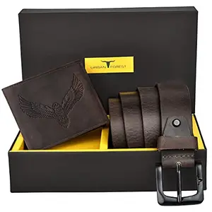 URBAN FOREST Zeke Vintage Brown Leather Wallet & Casual Brown Leather Belt Combo Gift Set for Men