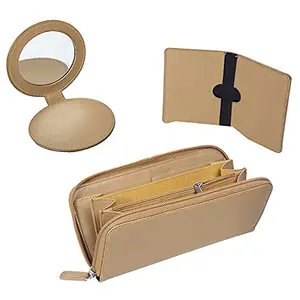 Thylable Vegan Leather Ladies Wallet, Card Holder and Mirror Travel Set for Women - Beige