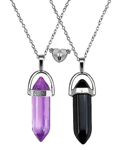 De-Ultimate Magnetic Broken Heart Valentine's Day Special Healing Purple & Black Glass Crystal Hexagonal Prism Point Pencil Shape Couple Pendant Locket Necklace With Clavicle Chain