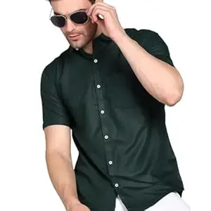 MILDIN Men's Cotton Blend Solid Shirt with Spread Collared Half Sleeve Curved Hemline Button Closure Regular Fit and One Pocket | Half Sleeve Shirt for Men