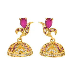 Voylla American Diamond CZ Traditional Gold Plated Red & White Brass Jhumka Earrings for Women
