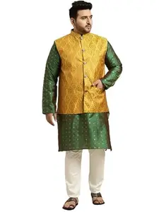 SOJANYA Men's Silk Blend Dark Green Kurta & Mustard Nehrujacket with Off White Churidar Pyjama Set::Size-6XL