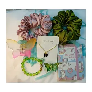 Box of Bliss 8pcs Birthday Gift Combo/Hamper for Women and Girls 2Scrunchies, 2 Clutches, 1 Birthday Card, 1 necklace, 1 Charm Bracelet, 1 Mini Diary| Gift for Her |Anniversary, Valentines.(Greeen)