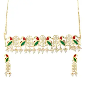 VOYLLA Panchhi Humera Choker Necklace Set|Women Necklace Sets|Collar Necklace Sets For Women|Kundan Necklace Sets For Women|Wedding|Festive|Party|Birds|American Diamond|Gift For Her|