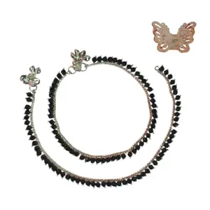 Silver Anklet with Black Crystal Beads, Traditional Indian Payal