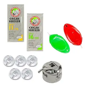ZENITH Combo of Organ Sewing Machine Needles Size 11 & 16 (10pc) and 5pc Plastic Bobbins with 1 Bobbin Case & 2pc Needle Threader for Home Sewing Machines like Usha, Janome, Singer, Brother etc