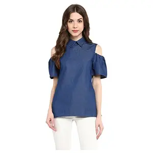 StyleStone (3176CollarColdS)-Women's Denim Top with Cold Shoulder