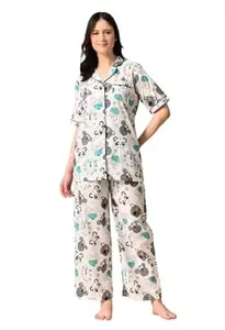 Anisha craft Women's Cotton Animal Printed Night Suit top & Pyjama Set (White Grey)