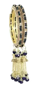 LAVAZZA Designer Metal with Pearl Beads & Zircon Stone Latkan Bangles Set For Women & Girls | Bangles for women | pearls bangles | Blue Colour Bangles | Bangal Set-(RKM8-DBlue),Set of 2