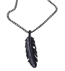 Uniqon Unisex Trending Stylish Stainless Steel Black Color Funky Leaf Plume,Feather Pankh Tail Charm Pendant Locket Necklace With Clavicle Chain