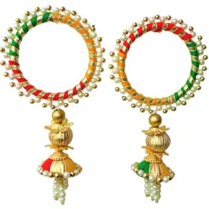 ARGOCOLO Set Of 2 Traditional Lumba Rakhi with Pearl and Gold-Toned Beads, Tricolour Ribbon Design, Decorative Jhumka Style