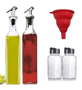 KREZON Oil Dispenser 500 ml Glass Oil Dispenser Set of 2, Spice jar Set of 2(120 ml) and Silicon Funnel for Kitchen, Pack of 5 - Transparent