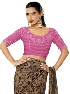 MRSWEARS Women's Regular Fit Readymade Stretchy Elbow Length Embroidered Saree Blouse