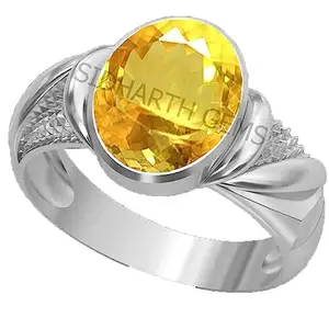 SIDHARTH GEMS 7.00 Carat Citrine Ring Sunela Certified Natural Original Oval Cut Precious Gemstone Citrine Silver Plated Adjustable Ring Size 16-54