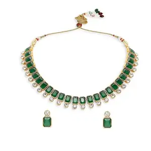 fabula Jewellery Green Stones Jadau Ethnic Choker Necklace Set with Stud Earrings for Women & Girls Stylish Latest (NEJR10_AFR1)