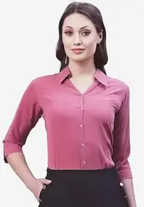 Women Formal Cotton Blend Poplin Shirt | Slim Fit Solid Plain 3/4 Sleeve