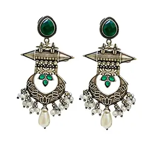 Triyama Brass Silver Oxidised Design Lightly Embellished Drop Earrings for Women and Girls (Green)