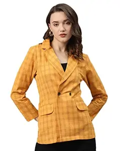 Cottinfab Mustard Yellow & Black Checked Slim-Fit Double-Breasted Cotton Formal Blazer