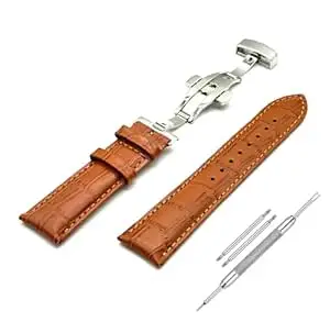 Lineon 22mm Half Padded Premium Leather Mens Watch Strap with ButterFly Lock For Branded Watches Tool and Pins Include