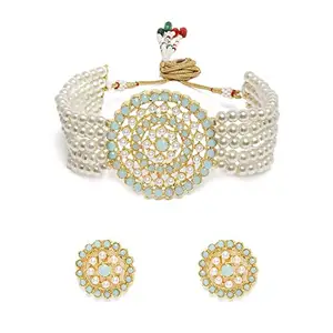 Amazon Brand - Anarva Women 18K Gold Plated Traditional Light Weight Pearl Beaded Choker Necklace Jewellery Set Glided With Moti Work (Ml239Wsb White Turquoise)