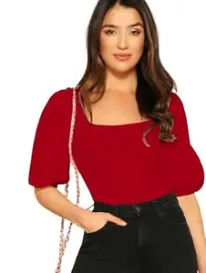 Dream Beauty Fashion Women's Bishop Puff Sleeves Square Neck Slim Top Polyester Blend (Red-S)