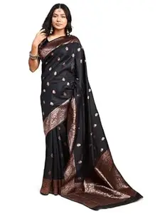 BRAAFEE Women's Banarasi Silk Saree with Unstitched Blouse Piece, Traditional Zari Woven Jacquard