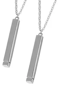 Uniqon (Pack Of 2 Pcs) Silver Unisex Fancy & Stylish Latest Korean 3D Vertical Secret Hidden Bar Cuboid Stick Custom Name Locket Pendant Necklace With Clavicle Chain