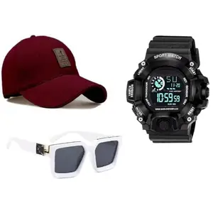 PUTHAK Digital Watch - for Boys & Girls Baseball Cap+ White Sunglass,& Black Watch Combo for Men & Boys.(Pack of 3)