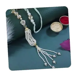 I Jewels Mens Designer Kundan Pearl Hanging Bhaiya Bhabhi Lumba Rakhi Bracelet Combo Set With Roli Chawal & Rakshabandhan Greeting Card (R160W-Co)