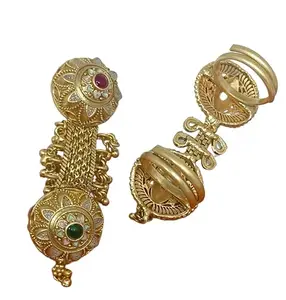 Rajwadi Traditional Double Finger Ring, Gold-Plated, Classic Flowers, Adjustable Size