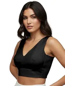 Mehrang V-Neck Taffeta Padded Sleeveless, Back Hook Closure with Smocked Side Panel, String or tie, Readymade Saree Blouse for Women