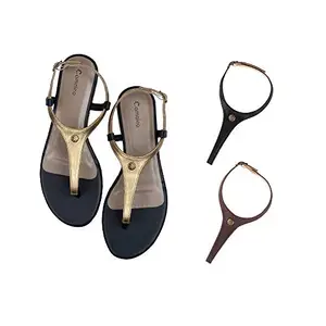 Cameleo -changes with You! Women's Plural T-Strap Slingback Flat Sandals | 3-in-1 Interchangeable Leather Strap Set | Gold-Black-Brown