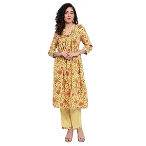 OSS Women's Cotton Floral Printed Kurta with Pant Set| Two Piece Suit Kurta and Pant| 3/4 Sleeve Alia Cut Dress for Ladies|Casual Wear Fashionable for Party (Large, Yellow)