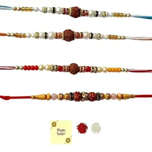 Avanti Creations Set of 4 Designer Rudraksha Rakhis, with Roli Chawal Pack Greeetings Card- Rakhi for Brother, Bhaiya, Bhai