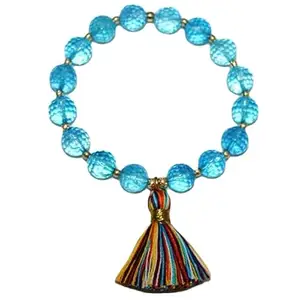 RRJEWELZ 10mm Natural Gemstone Blue Quartz Round shape Faceted cut beads 7.5 inch stretchable bracelet for men. | STBR_RR_M_02210