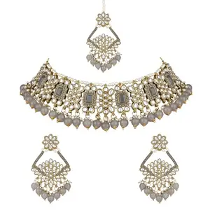 I Jewels Gold Plated Traditional Kundan Pearl Drop Choker Necklace Jewellery & Dangle Earrings Set For Women/Girls (Grey)