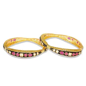 ACCESSHER Pink Color Black Enamel Bangles With Ruby And White Stone