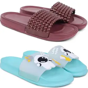 Pampy Angel Combo Pack of 2 Slipper/Flip Flops/Slides/Clogs/Sandals with Adjustable Back Strap for Women,(Moti-Maroon,Tra-Space-Blue),41 (Euro)