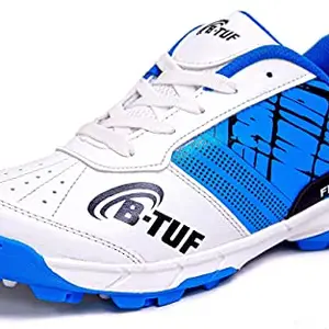 B-TUF Fighter Cricket Shoes/Studs Spikes Sports for Men Women Boys Girls (White/Blue) Size India/UK 7