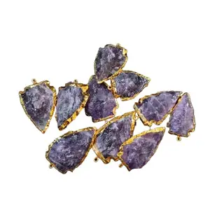 NEW SHYAM AGATE Amethyst Quartz Arrowhead Gold Pendant Raw Crystal Quartz Purple Arrow Tribal Pendant Healing Energy Reiki Chakra Pendant