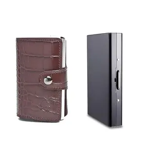 Stealodeal RFID Protector Metal and PU Unisex Cash and Card Holders, Pack of 2, Black & Dark Brown