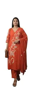 Women's Orange Floral Embroidered Kurta Set with Dupatta, Traditional Indian Ethnic Wear with size