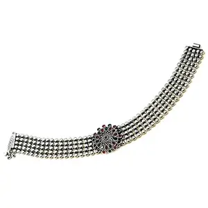 Gifts and Fashion Oxidised Non Precious Metal Floral Stone Design Anklets for Women (Single Leg) (Red Green)