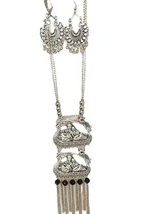 Oxidised Fashion Jewellery German Silver Plated Necklace Set Radhakrishna in pallak With Earrings for Women And Girls Traditional Ethnic Style
