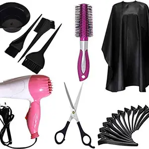 Generic Salon Accessories Combo For Hairdressing Hair Dye Bowl Kit, Apron Cutting Sheet, Hair Dryer with Round Brush, Section Clips And Hair Cutting Scissors For Women And Men Professional Use