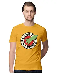 ALLEN BLACK Men's Regular Fit T-Shirt Planet Epress Logo Futurama 100% Cotton T-Shirt Golden Yellow_PLEX-GYELLOW-L-MENR_