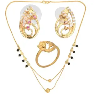 AanyaCentric Gold-plated Jewelry Combo: Elegant Short Mangalsutra, Ring, and American Diamond AD Earrings Set - Stylish Accessories for Women and Girls
